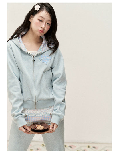 [RF] Soft Gingham Color-Block Hoodie and Flare Pants Set (Blue / Mauve)