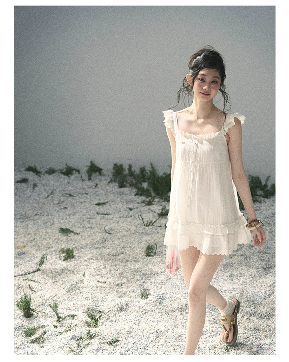 "Shimmer Along the Hem" Cloud White Lace Flutter Sleeve Babydoll Mini Dress 53413