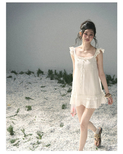 "Shimmer Along the Hem" Cloud White Lace Flutter Sleeve Babydoll Mini Dress 53413