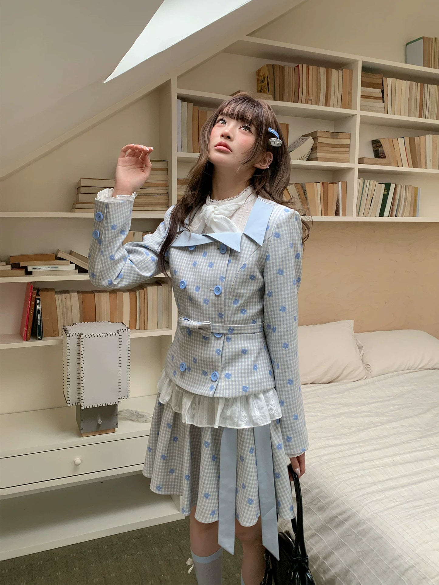 “Bluebell Letter” Light Blue Plaid Blazer Top & Ribbon Skirt