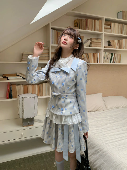“Bluebell Letter” Light Blue Plaid Blazer Top & Ribbon Skirt