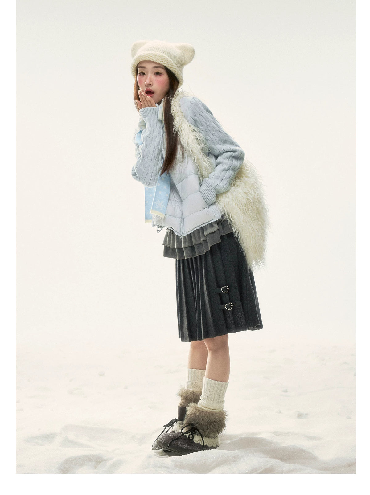 BIBIBENCY - Pale Blue Knit-Panel 90% White Duck Down Puffer Jacket (With Scarf)