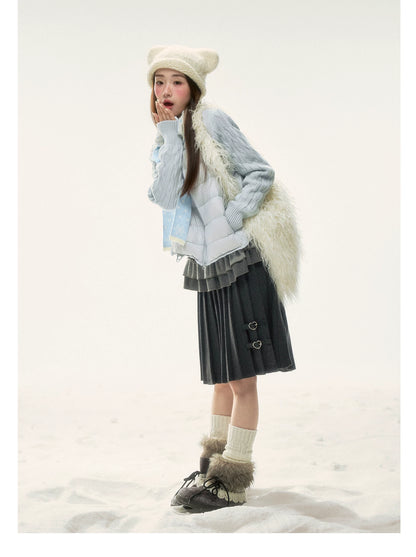 BIBIBENCY - Pale Blue Knit-Panel 90% White Duck Down Puffer Jacket (With Scarf)
