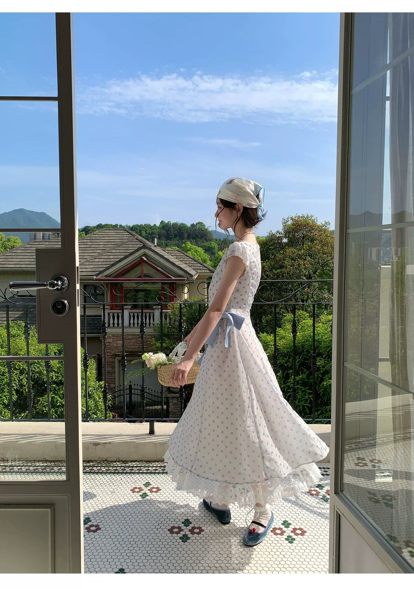 “Blue Mist Polka Reverie” Mist Blue Bow Lace Dress