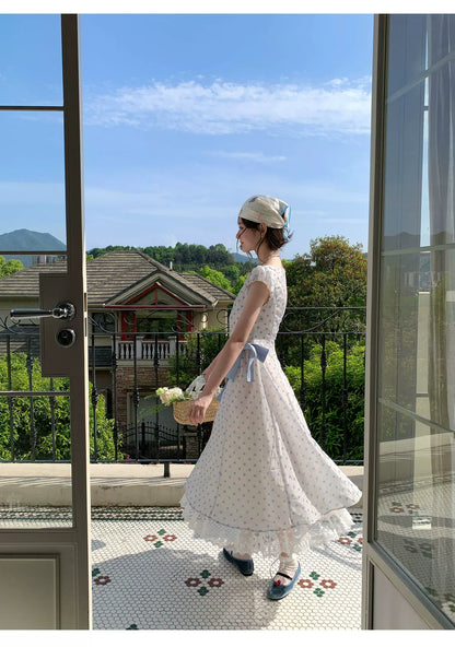 “Blue Mist Polka Reverie” Mist Blue Bow Lace Dress