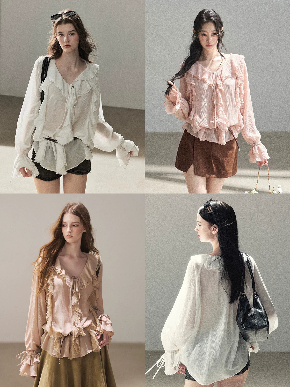 AOMALM - "A Featherlight Touch" French Camellia White Lace Chiffon Top with Belt (Camellia / Oatmeal / Cinnamon Pink)