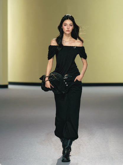 "Midnight Bloom" Black Lyocell Off-Shoulder Ruched Top
