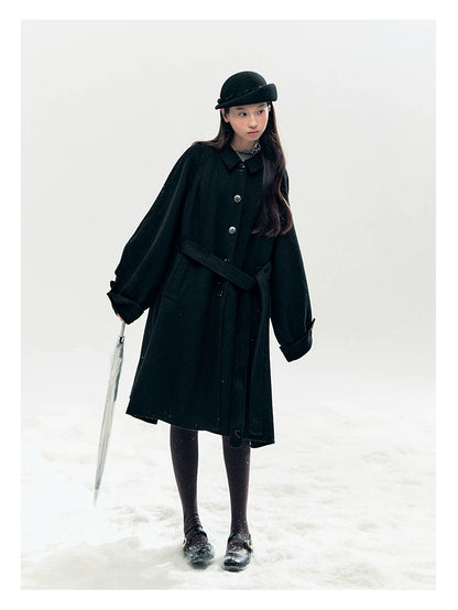 "Black & White Waltz" Hand-Stitched Wool-Blend Swing Coat (Ivory/ Black)