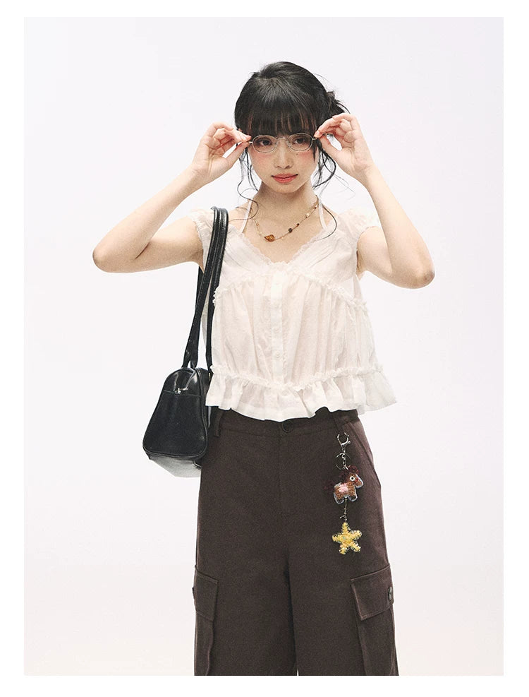 "French Meadow Romance" Ivory Lace Trim Halter Tie V-Neck Cotton Blouse