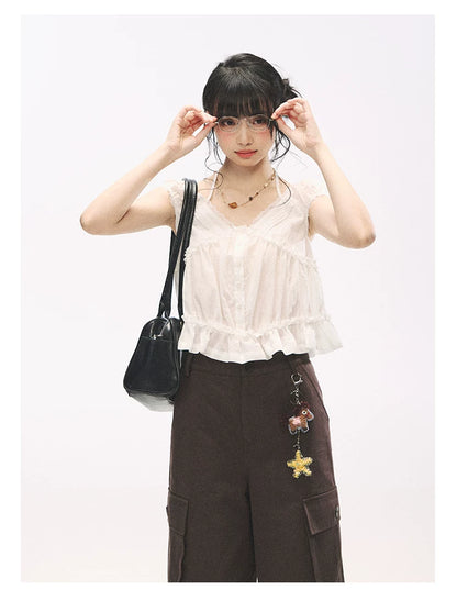 "French Meadow Romance" Ivory Lace Trim Halter Tie V-Neck Cotton Blouse