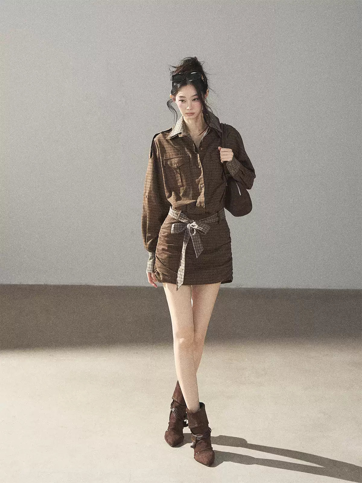 AOMALM - "A Promise Beneath the Oak" Crabapple Brown Plaid Shirt Dress with Belt