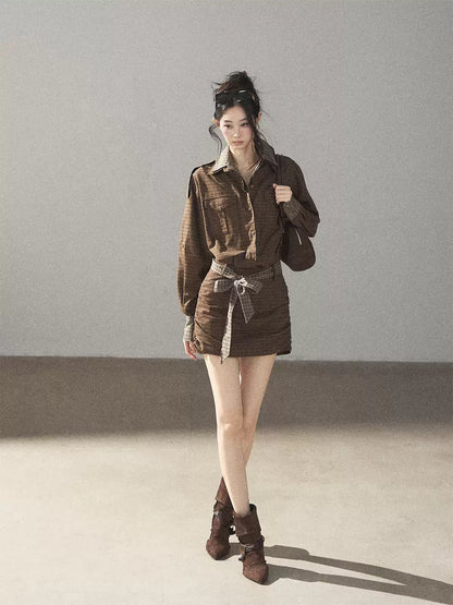 AOMALM - "A Promise Beneath the Oak" Crabapple Brown Plaid Shirt Dress with Belt
