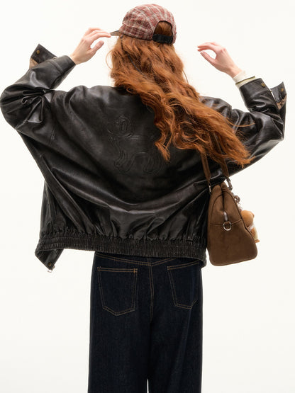 ASGONY - Retro Puppy Embossed Faux Leather Jacket