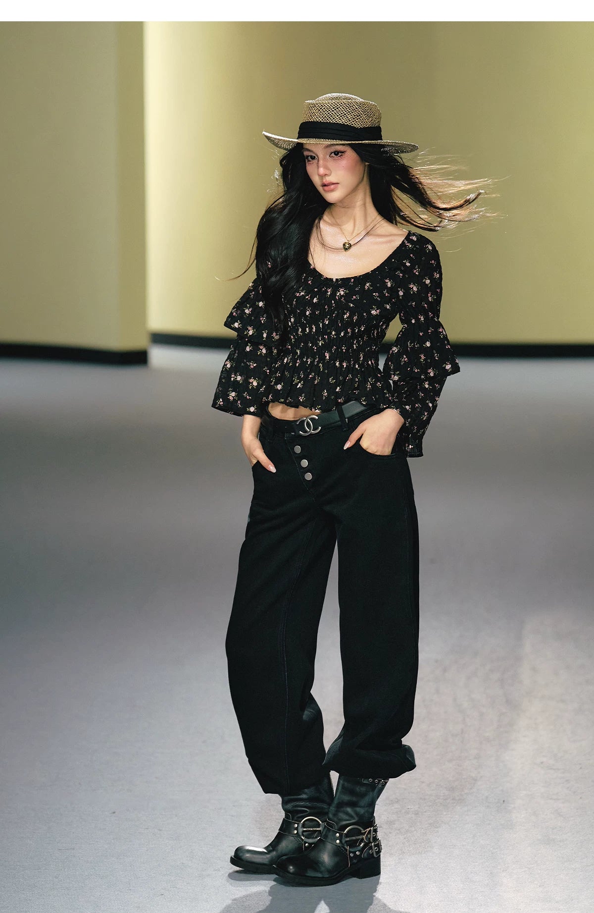 "Midnight Tea Garden" Black Floral Ruffle Blouse & Tiered Mini Skirt Set