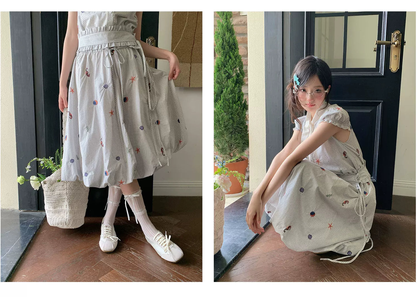 “Seaside Plaid Isle” Ocean Plaid Bubble Hem Dress