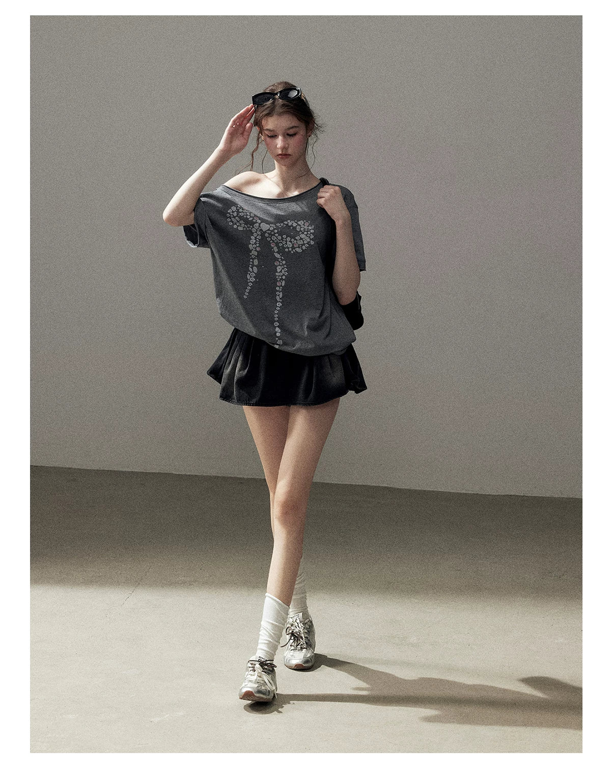 "Muted Shades of Gray" Silver Mouse Gray Off-Shoulder Tee