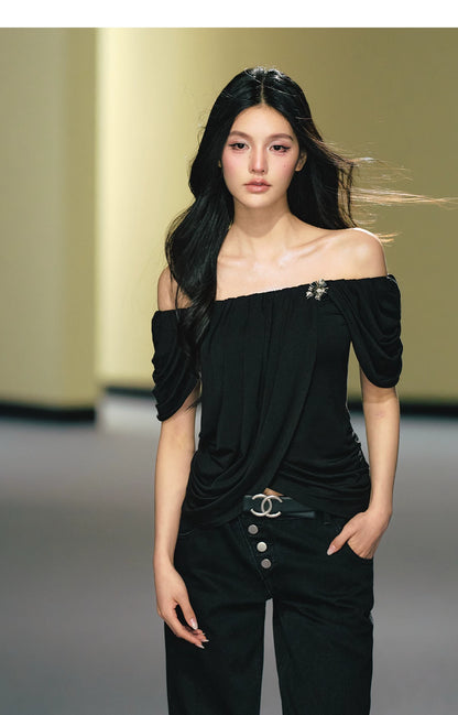 "Midnight Bloom" Black Lyocell Off-Shoulder Ruched Top