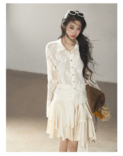 AOMALM - "Vine Texture" Dutch Cream French Lace Polo Collar Cutout Cropped Top