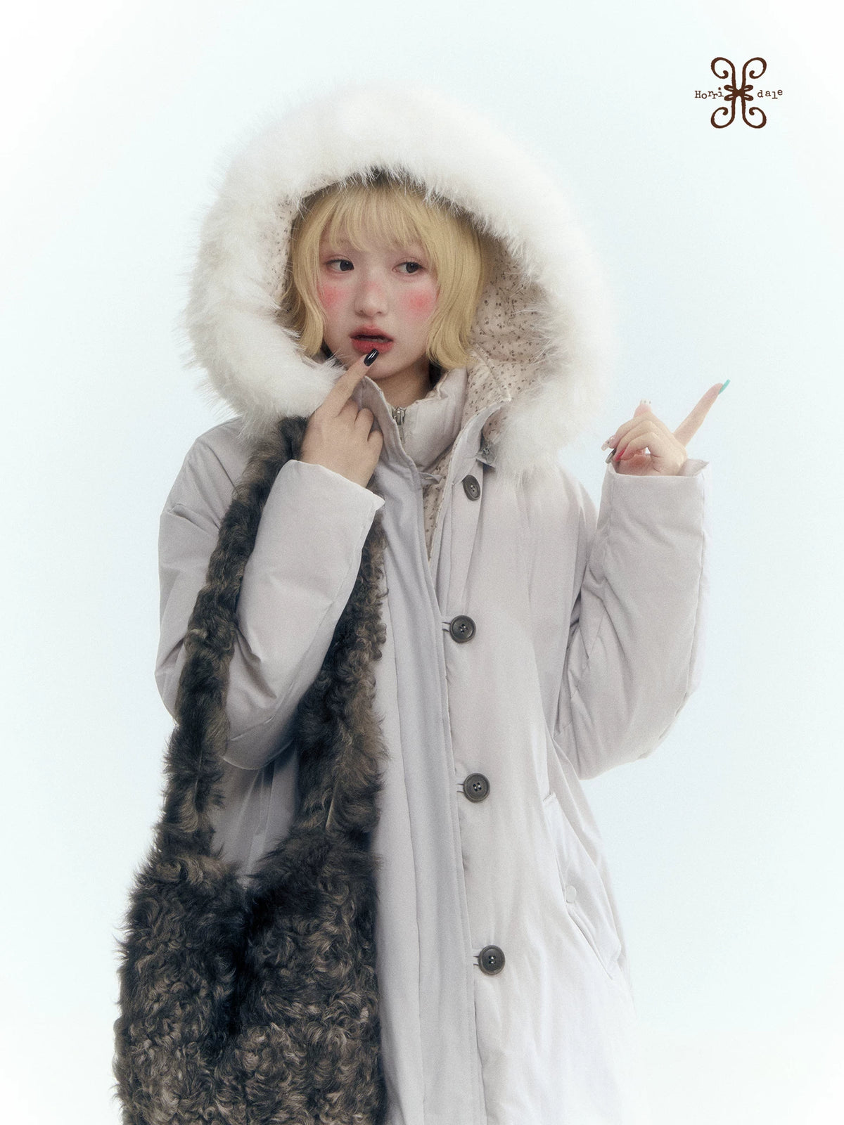Horridale - Snow-Dusted Floral 90% White Duck Down Puffer Jacket (Light Peach Pink / Silver Gray)