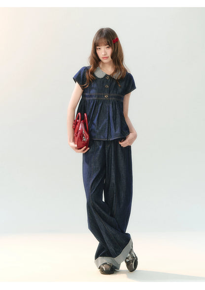 "Denim Check Prelude" Indigo Denim Three-Piece Set