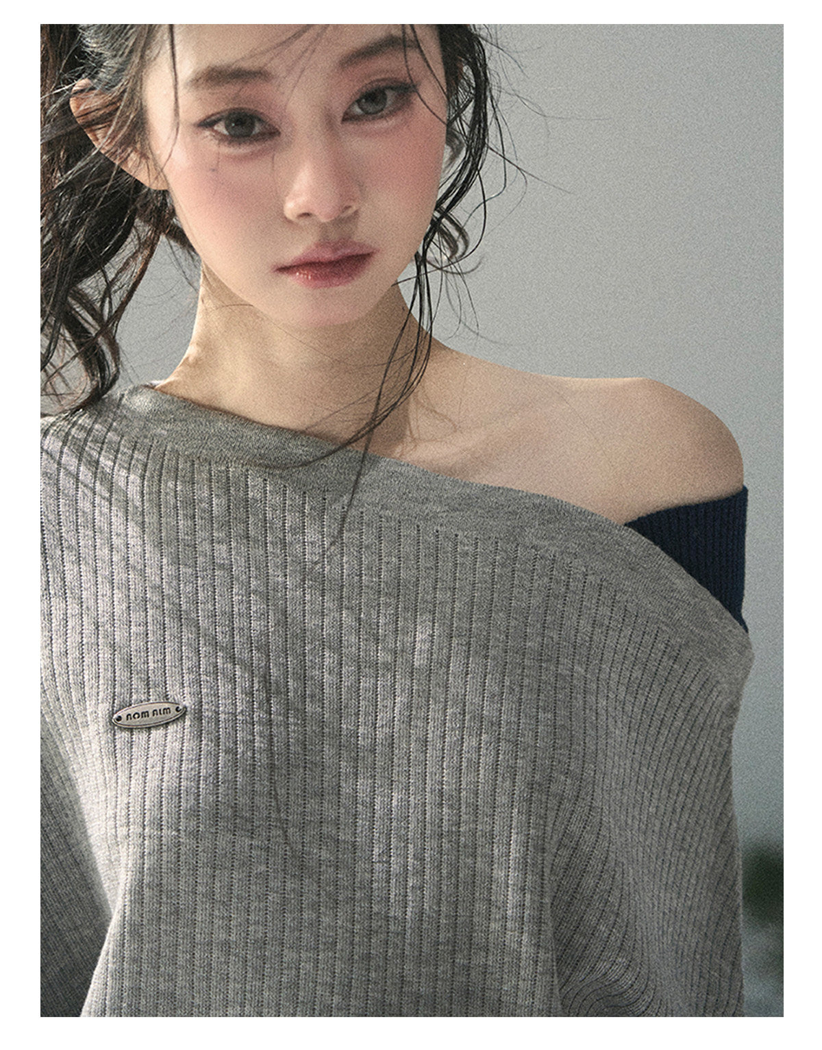 “Ashes of Yesterday” Mist Gray Off-Shoulder Layered Knit Top