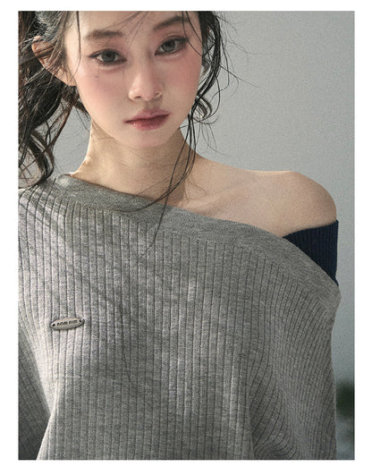 “Ashes of Yesterday” Mist Gray Off-Shoulder Layered Knit Top