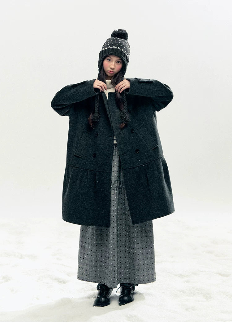 "Snowfall Polka" Charcoal Polka Dot Wool-Blend Midi Skirt