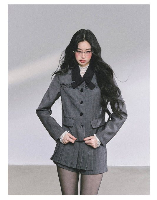少也眼 “Maxiny Reverie” French Academia Jacket & Pleated Skirt Set