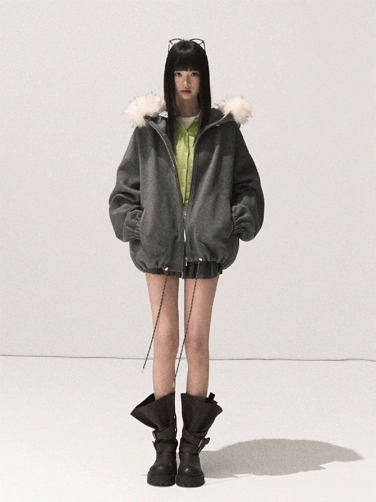OAKMOO/ Swiss Gray Hooded Zip-Up Jacket with Detachable Faux Fur Collar