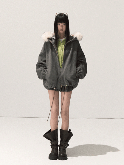 OAKMOO/ Swiss Gray Hooded Zip-Up Jacket with Detachable Faux Fur Collar