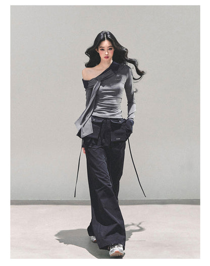 少也眼 “The Quiet Passing” Asymmetric Knit Off-Shoulder Top - Gray 65624