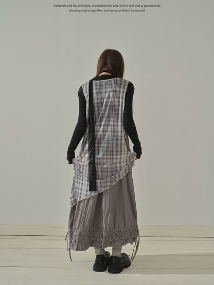 "Quiet Layers" Gray Plaid Mesh Layering Maxi Dress