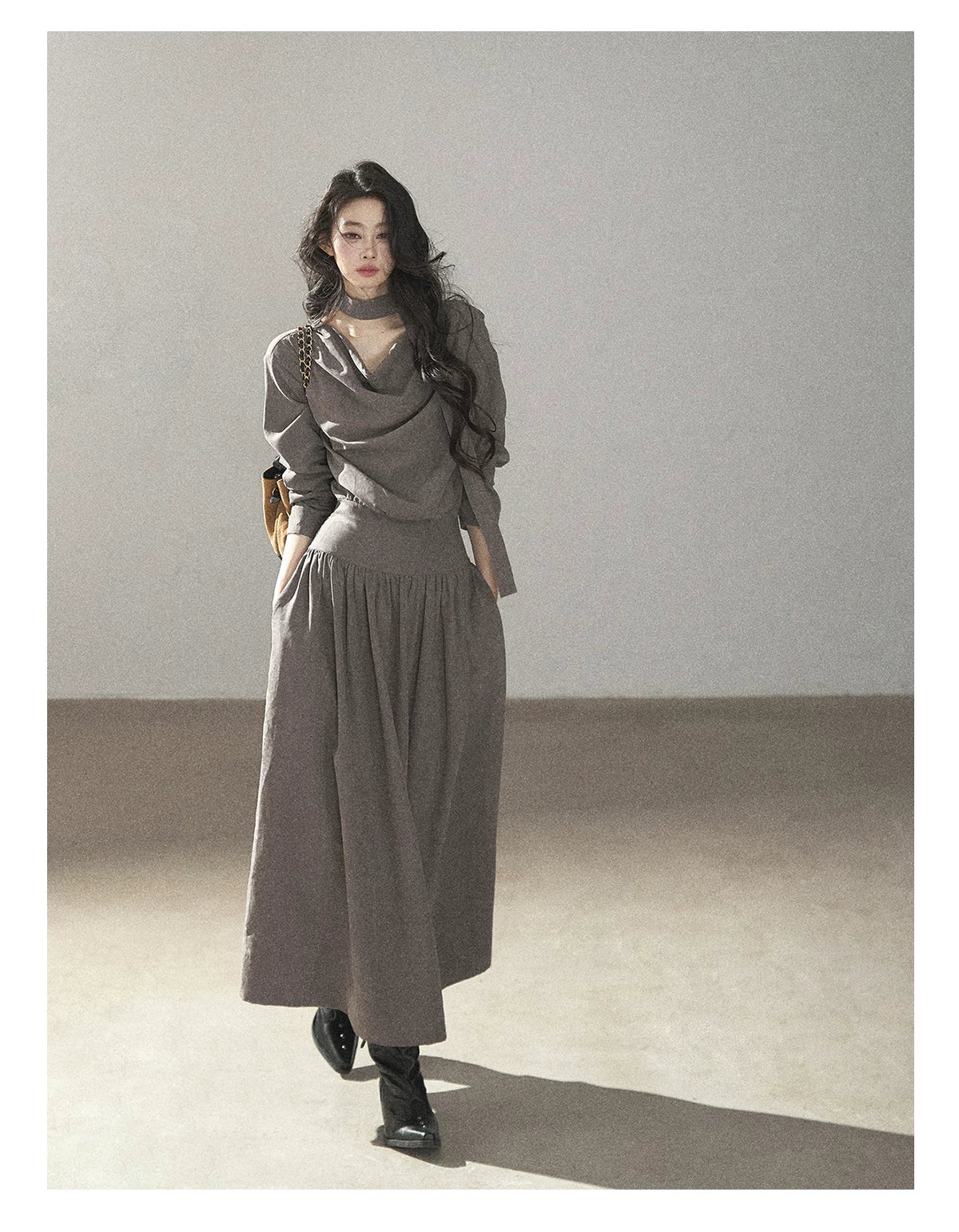AOMALM - Gray-Purple Pleated Maxi Dress with High-Waisted Cinch Belt
