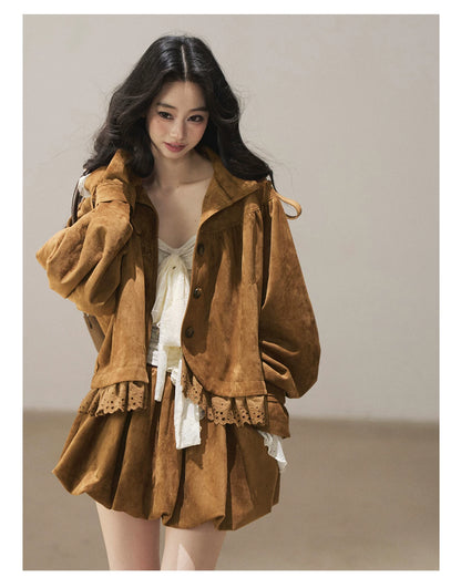 AOMALM - "Wind Through the Valley" Toasted Pecan Brown Faux Suede Jacket & Mini Skirt Set