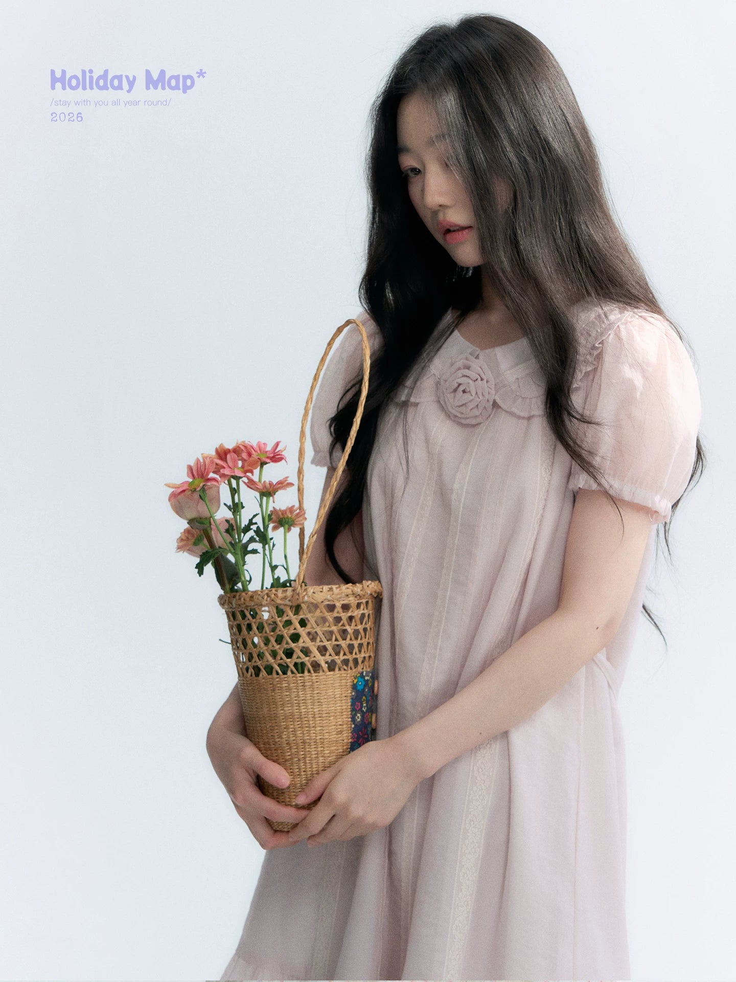 "Misty Wild Rose" Detachable Rose Lace Trim Puff Sleeve Midi Dress