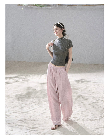 "Follow the Sea Breeze" Lightweight Straight-Leg Wide-Leg Pants (Lotus Pink/ Gray Sage Green/ Gray Blue)