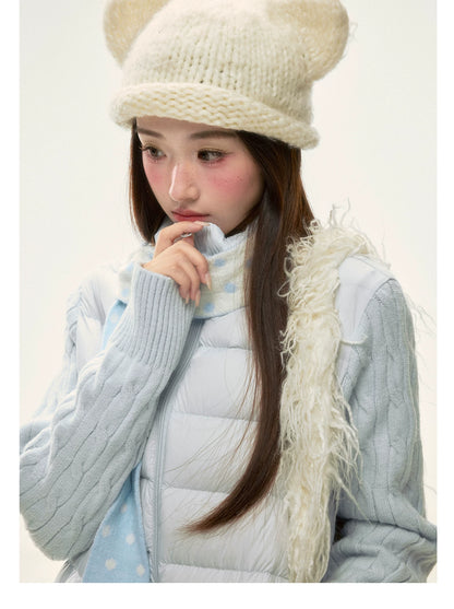 BIBIBENCY - Pale Blue Knit-Panel 90% White Duck Down Puffer Jacket (With Scarf)
