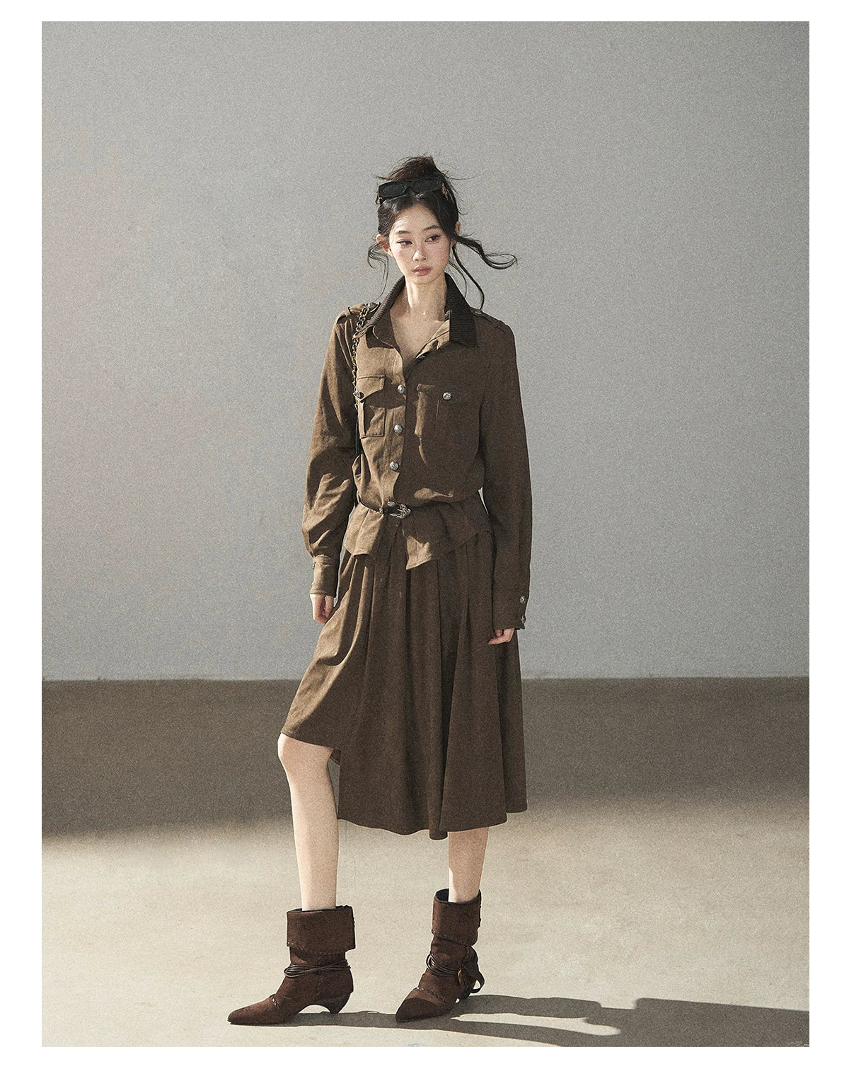 AOMALM - Terracotta Brown Shirt & Pleated Mini Skirt Set (With Belt)
