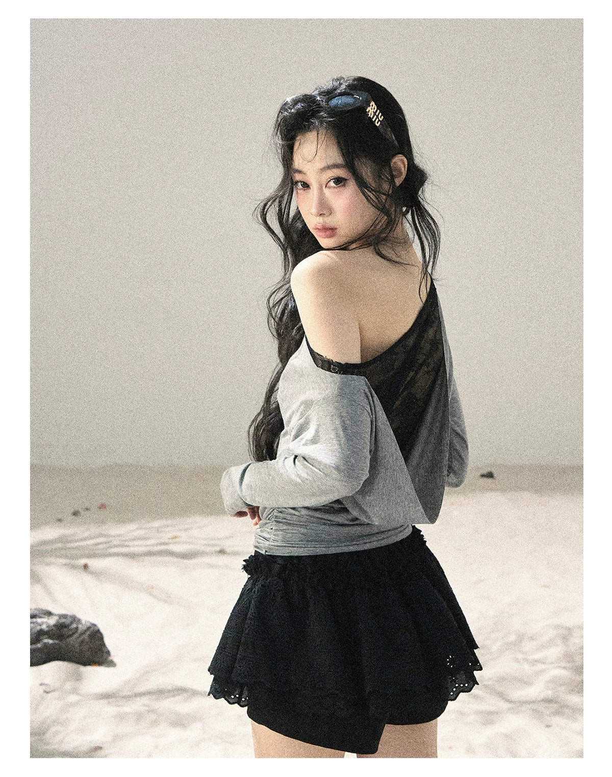"Free Spirit" Moon Mist Gray Faux-Layer One-Shoulder Lace Top