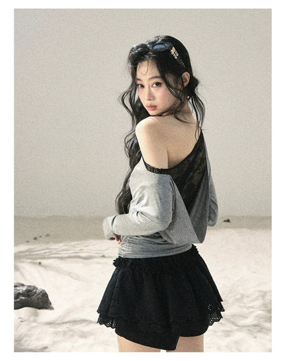"Free Spirit" Moon Mist Gray Faux-Layer One-Shoulder Lace Top