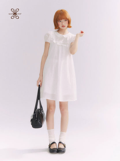 “Lace Sleep Song” White Embroidered Puff Sleeve Babydoll Dress