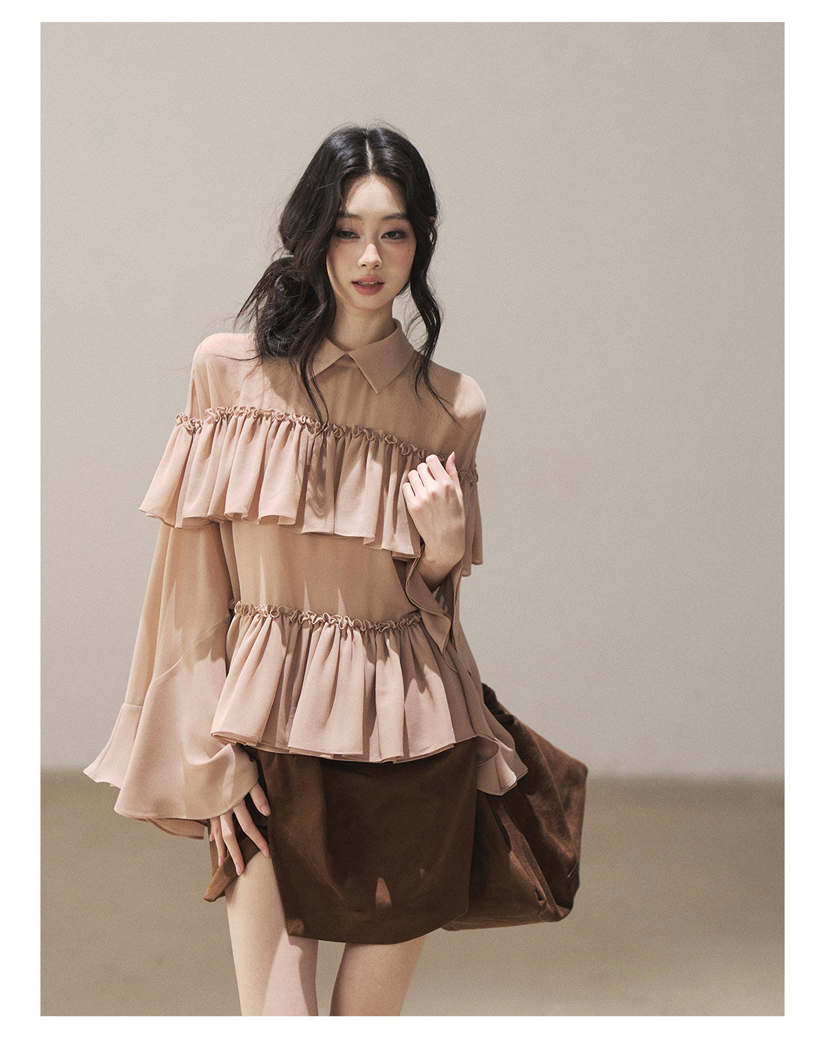 170726 "Veiled in the Evening Mist" Milk Tea Ruffle Blouse
