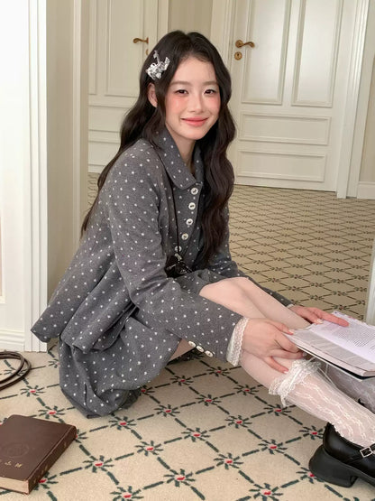 [RF] “Starlit Gray Tones” Gray Vintage Polka Dot Pleated Skirt Two-Piece Set