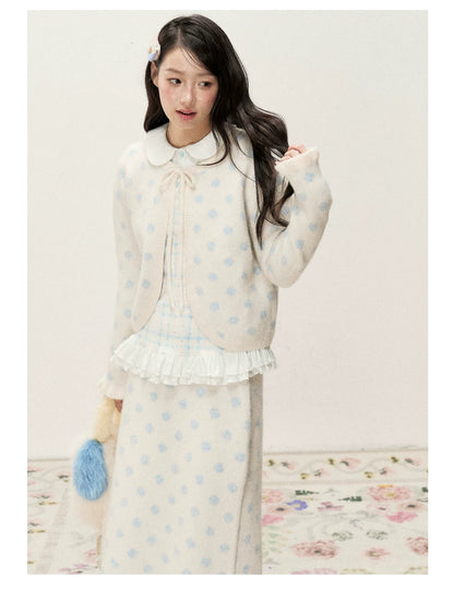 [RF] Ice Blue Polka Dot Knit Cardigan & Midi Skirt Set