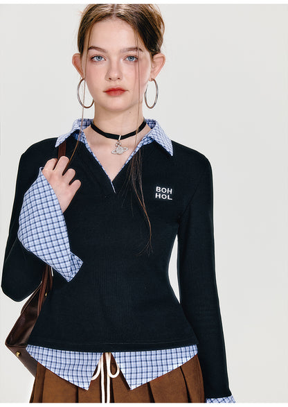 Intellectual Style Plaid Stitching Shirt