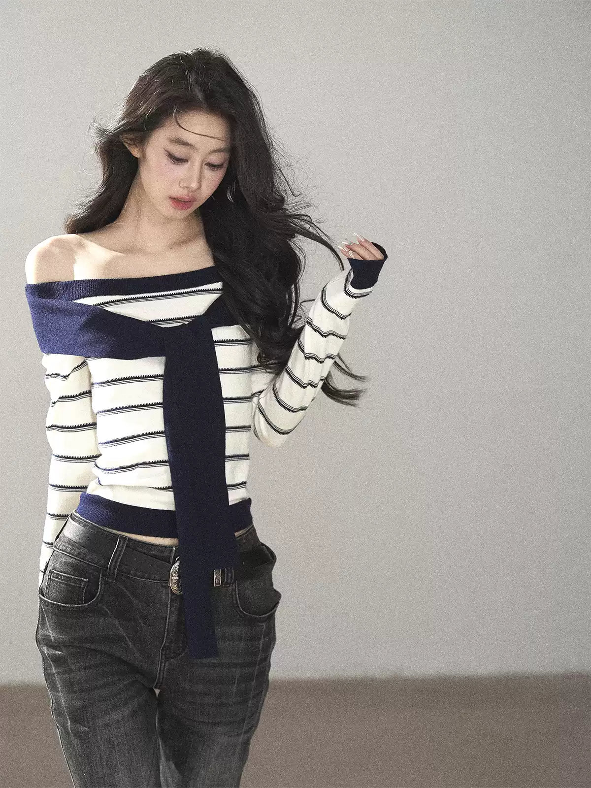 AOMALM - Ivory Stripe Faux-Layered Knit Top with Shoulder Ties