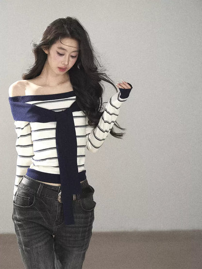 AOMALM - Ivory Stripe Faux-Layered Knit Top with Shoulder Ties