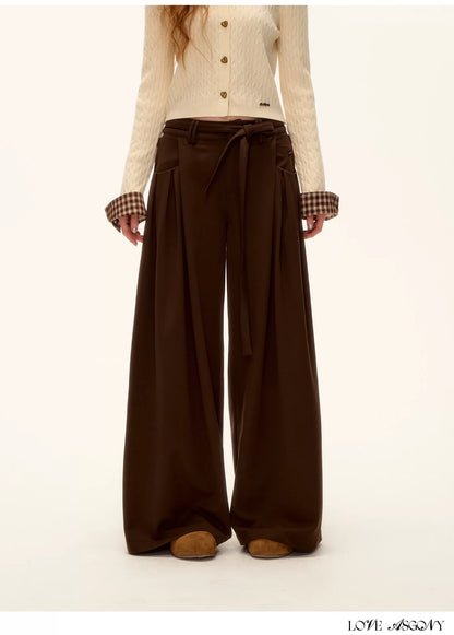 ASGONY - Pleated Wide-Leg Trousers with Detachable Tie (Gray / Brown)