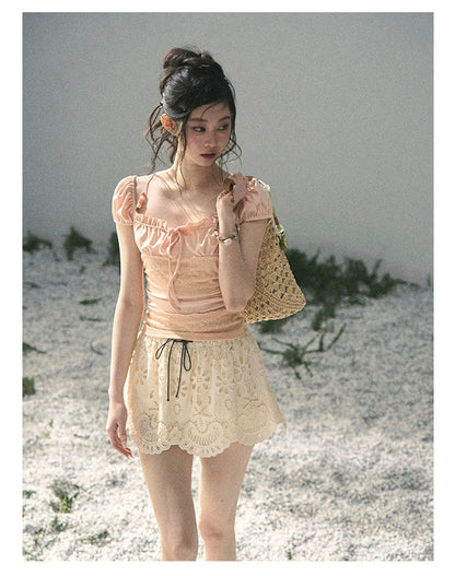 “Lost in Your Embrace” Dutch Cream Lace Puff Skort