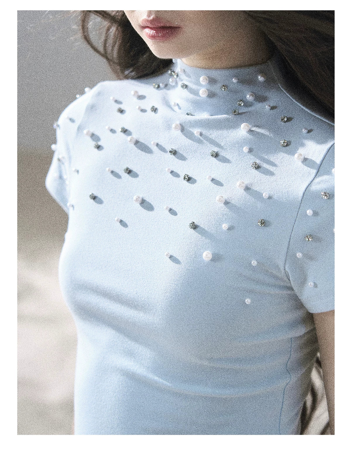 "Scattered Across the Milky Way" Pearl Beaded Knit T-Shirt (Haze Blue/ Sage Gray)